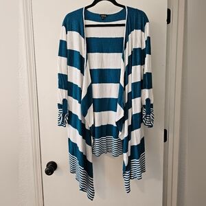 Torrid Draped Cardigan Size 3X Long Sleeve Open Front Blue/Green White Striped